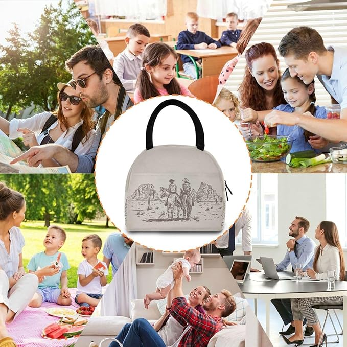 Western Desert Cowboy Lunch Bag for Women Girls Kids Men Reusable Insulated Lunch Tote Bag for Office Work School Picnic Hiking