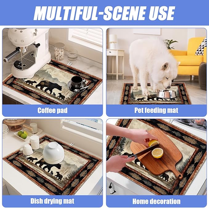 Rustic Bear Dish Drying Mat for Kitchen Counter Wild Animals Drying Pad Absorbent Reversible Dish Drainer Rack Mats Draining Pad 18"x24"Inch