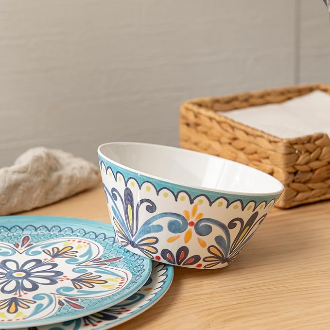 Bzyoo 12-Piece Melamine Dinnerware Set - Madallion | Lightweight, Durable, BPA-Free | Dishwasher Safe Dish Set for Indoor & Outdoor Use - Perfect for Camping, BBQs, Kids Parties