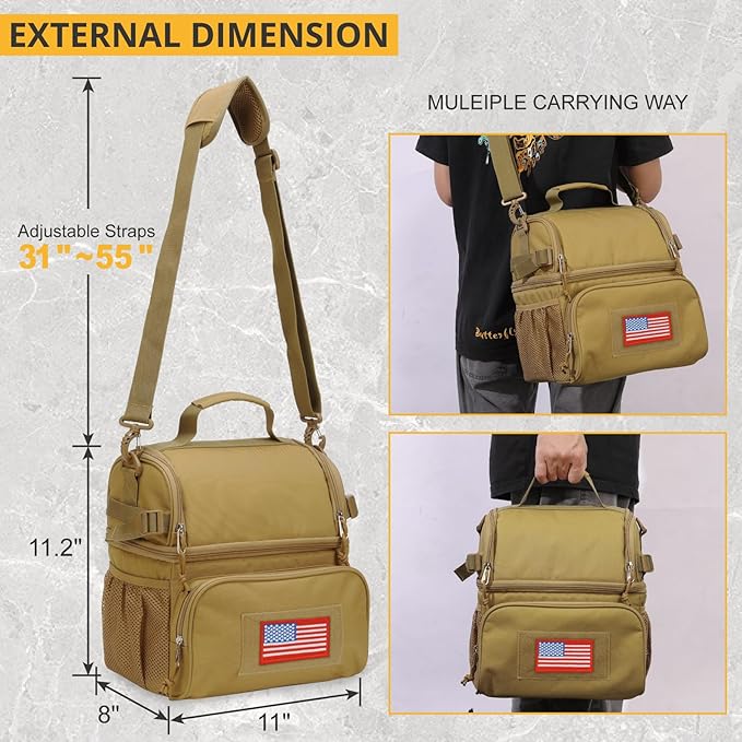 ATRIPACK 2 Compartment Lunch Bag for Men Adult, Tactical Lunch Box Leakproof Insulated Large Cooler Bag for Work with Adjustable Shoulder Strap Flag Double Layer Lunch Pail（Brown）