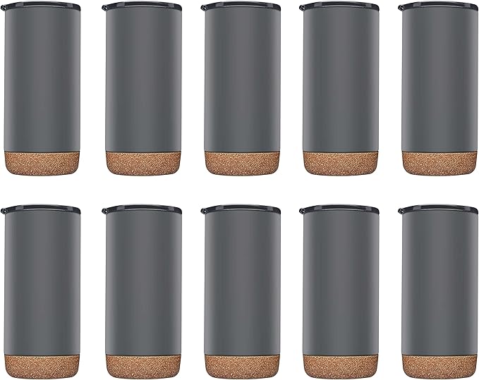 DISCOUNT PROMOS Travel Tumblers with Cork Bottom 16 oz. Set of 10, Bulk Pack - Double Wall Insulated, Matte Finish, Perfect for Iced Coffee, Soda, Other Beverages - Grey