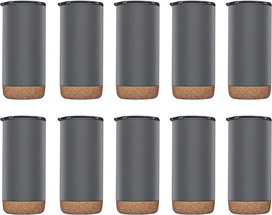 DISCOUNT PROMOS Travel Tumblers with Cork Bottom 16 oz. Set of 10, Bulk Pack - Double Wall Insulated, Matte Finish, Perfect for Iced Coffee, Soda, Other Beverages - Grey