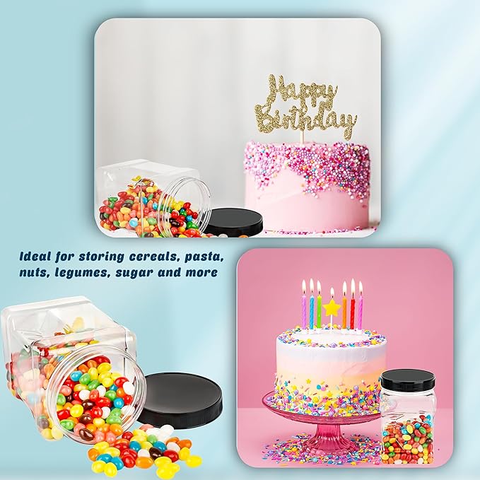 9 Pack 30 oz Square Clear Plastic Jars with Lids Wide Mouth Storage Containers Refillable Easy Grip Airtight Food Storage Jars for Kitchen Dry Goods Cookies Candy