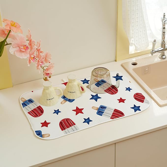 4th of July Dish Drying Mats 18x24 Inch American Red Blue Stars Decor Patriotic Decorative Drying Mats Summer Outdoor Independence Day Memorial Day Decor Coffee Bar Mat for Kitchen Dining Room