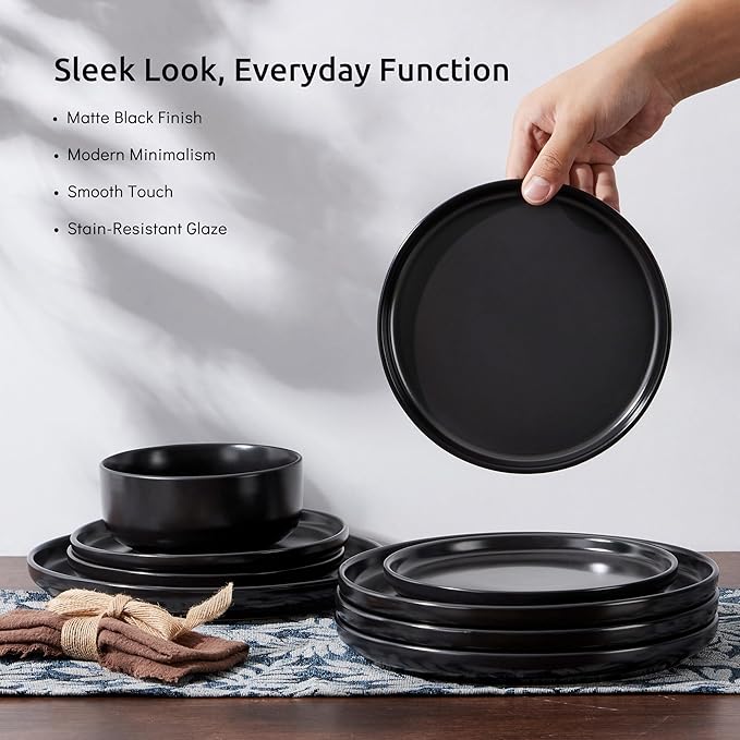 E-far Stoneware Dinnerware Sets for 4, 12-Piece Plates and Bowls Set, Modern Ceramic Dishes Dinning Ware, Microwave & Dishwasher Safe - Matte Black