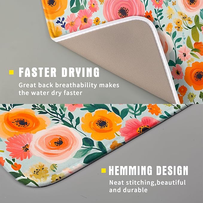 Spiral Flower Dish Drying Pad - Spring Bold Floral Printd Kitchen Countertop Cloth Pad for Home Decorative