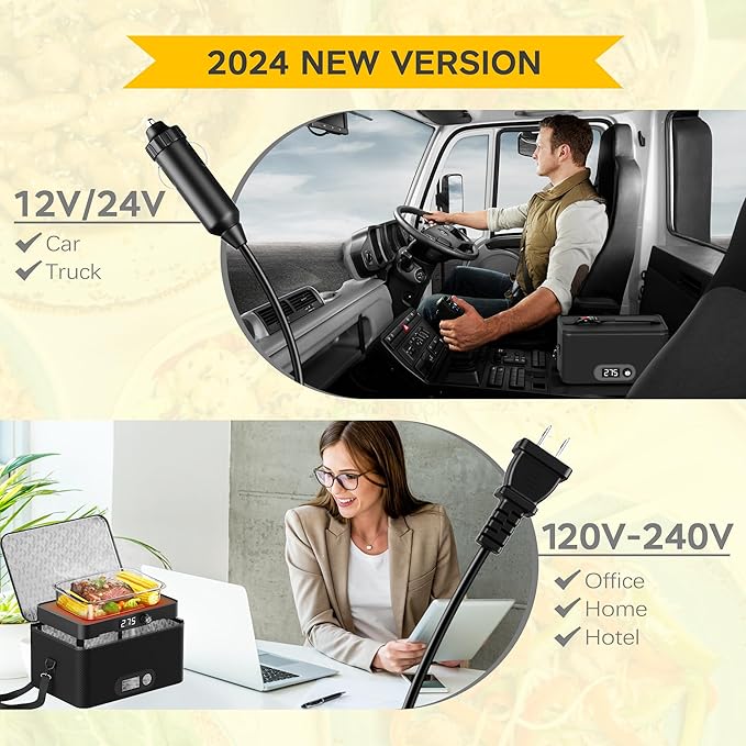 Portable Oven, 12V 24V 110V-240V Car Food Warmer Portable Personal Mini Oven Electric Heated Lunch Box for Meals Reheating & Raw Food Cooking for Road Trip/Camping/Picnic/Family Gathering(Gray)