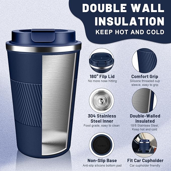 Insulated Coffee Tumblers with Flip Lid 12oz / 17oz, Stainless Steel Travel Coffee Mug Leak Proof, Vacuum Insulated Coffee Mug Reusable Cup, Keeps Cold and Hot for Coffee Tea