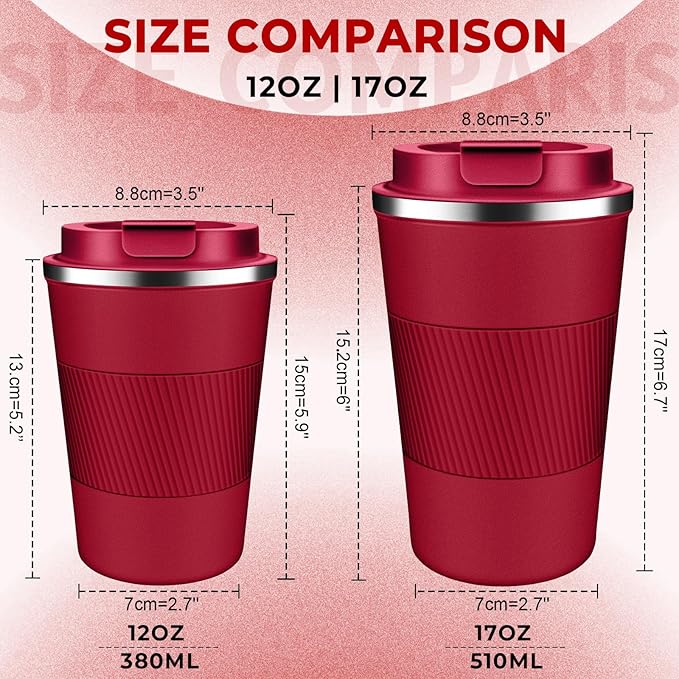 Insulated Coffee Tumbler 17 oz, Stainless Steel Coffee Mug with Lids, Travel Coffee Mug Leak Proof, Double Wall Vacuum Insulated Reusable Iced Coffee Cup, Keep Drinks Hot and Cold (Red, 17 Ounces)
