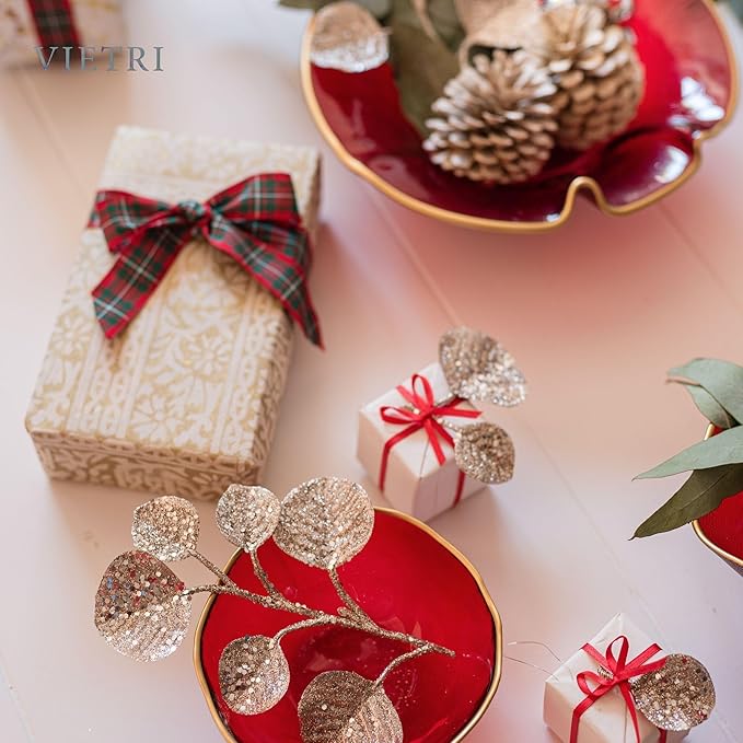 Vietri Holiday Glass Small Ruffled Bowl, 9.5"D Red/Gold Decorative Christmas Serving/Mixing Dish