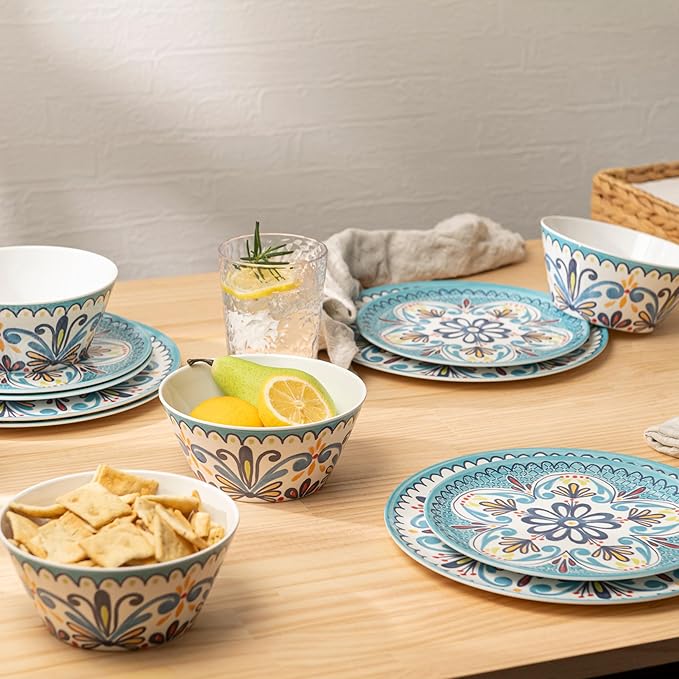 Bzyoo 12-Piece Melamine Dinnerware Set - Madallion | Lightweight, Durable, BPA-Free | Dishwasher Safe Dish Set for Indoor & Outdoor Use - Perfect for Camping, BBQs, Kids Parties