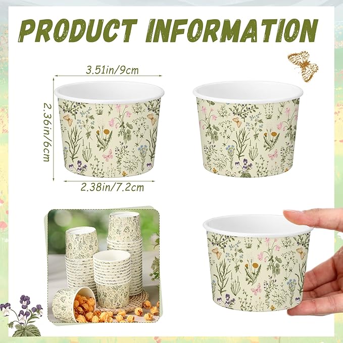 50 Pack Wildflower Treat Snack Cups Paper Floral Ice Cream Cups 9 oz Fall Flowers Disposable Dessert Bowls Paper Soup Bowls for Hot or Cold Food Wedding Baby Shower Birthday Party Supplies