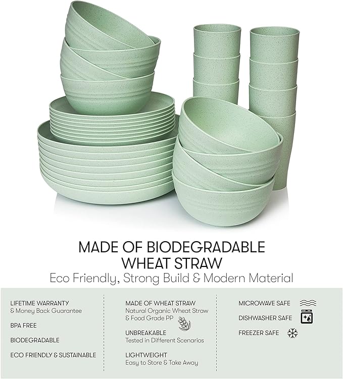 Wheat Straw Dinnerware Sets | Unbreakable Dinnerware Sets | Dishwasher Microwave Safe Dinnerware | Eco Friendly Non Breakable Dinnerware Sets | RV Outdoor Camping (Green, Service for 8 (32 pcs))