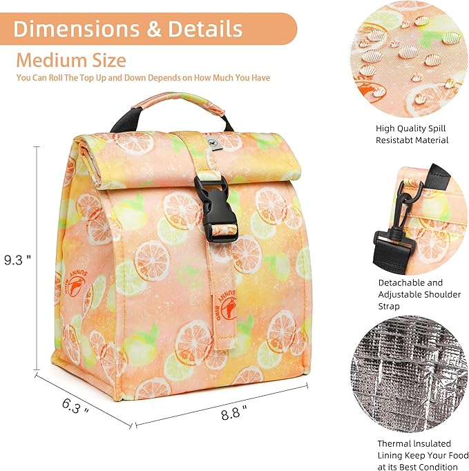 SUNNY BIRD Insulated Lunch Bag Rolltop Lunch Box Tote Bag for Women, Men, Adults and Teens (Grapefruit Pink)