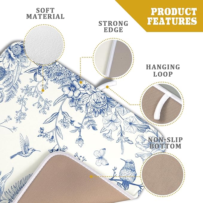 Chinoiserie Dish Drying Mat 16x18 Inches, Blue White Birds Floral Flowers Super Absorbent Microfiber Dish Rack Pad Mat for Kitchen Counter Coffee Bar