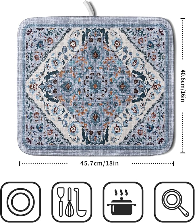 Boho Flower Dish Drying Mat Blue Bohemian Dishes Drainer Rack Mat 16x18 Inch Microfiber Kitchen Drying Pad for Countertop Tableware Decor