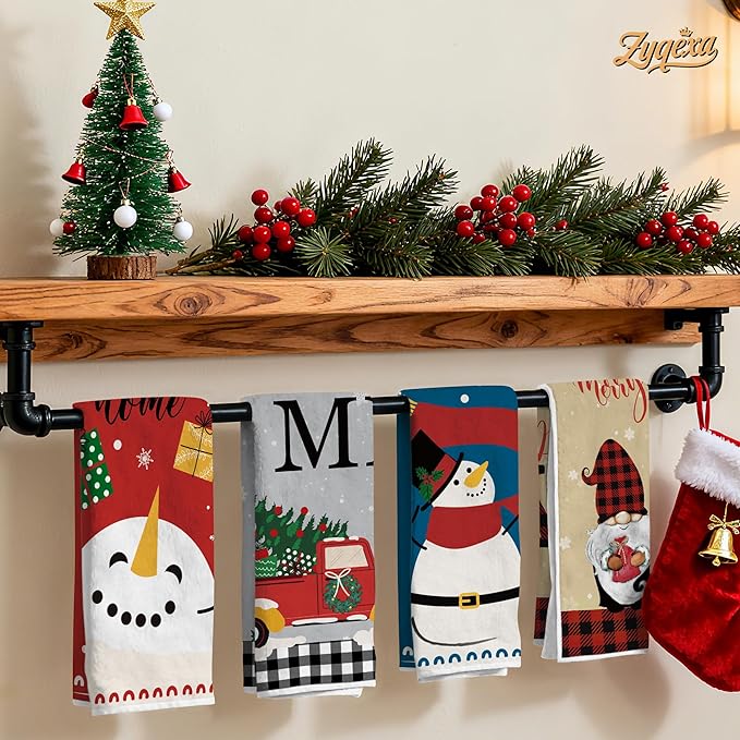 Christmas Kitchen Towels Xmas Decorative Towel - Tea Hand Towel Snowman Truck Towel Absorbent Set with Hanging Loop for Dish Garden Farmhouse Bathroom Holiday Decor, 4 Pcs