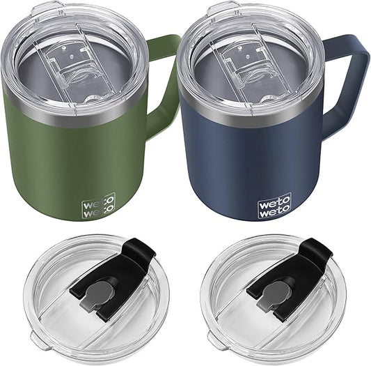 WETOWETO 14 oz Coffee Mug, Vacuum Insulated Camping Mug with Lid, Double Wall Stainless Steel Travel Tumbler Cup, Coffee Mugs Outdoor, Navy Blue & Olive Green 2 Packs