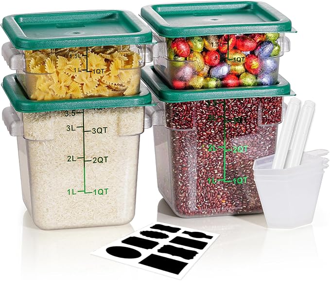 2QT&4QT NSF Food Storage Containers: 8 PCS[Food Grade] [Hot&Cold Resistant] Commercial Clear Square Food Storage Containers with Scales Handles for Home Restaurant Kitchen(BPA FREE)