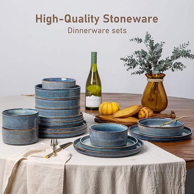 GBHOME Stoneware Dinnerware Sets for 6,Round Reactive Glaze Ceramic Plates and Bowls Set,Highly Scratch Resistant | Dishwasher & Microwave Safe Dishes Set,Service for 6(18Pcs)