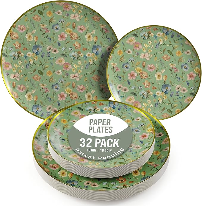 Trendables Heavy Duty Paper Plates Set For 16 Guests - 16 Each Of 8-inch And 10-inch Disposable Plates For Party - Fancy 32 Piece Dinnerware Set For All Occasions | Floral Design, Bouyant