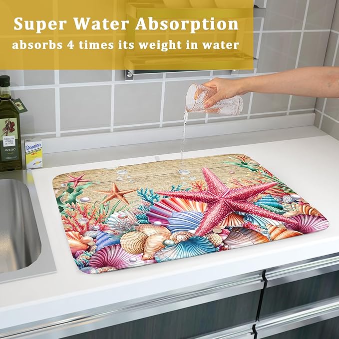 Summer Beach Dish Drying Mat - Seashells Starfish Absorbent Drying Matt Kitchen Counter for Home Decor