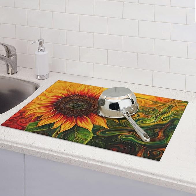 Watercolor Sunflower Dish Drying Mat for Kitchen Counter Microfiber Super Absorbent Non-Slip Dish Drying Pad for Countertops Dishes Utensils Stylish Quick-Dry Machine Washable 18x24 Inch
