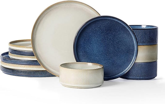 Famiware Star Dinnerware Set, Plates and Bowls Sets for 4 (12pcs), Ribbed Stoneware Dishes - Chip & Scratch Resistant, Microwave & Dishwasher Safe, Multicolor - Cappuccino White & Nebulas Blue
