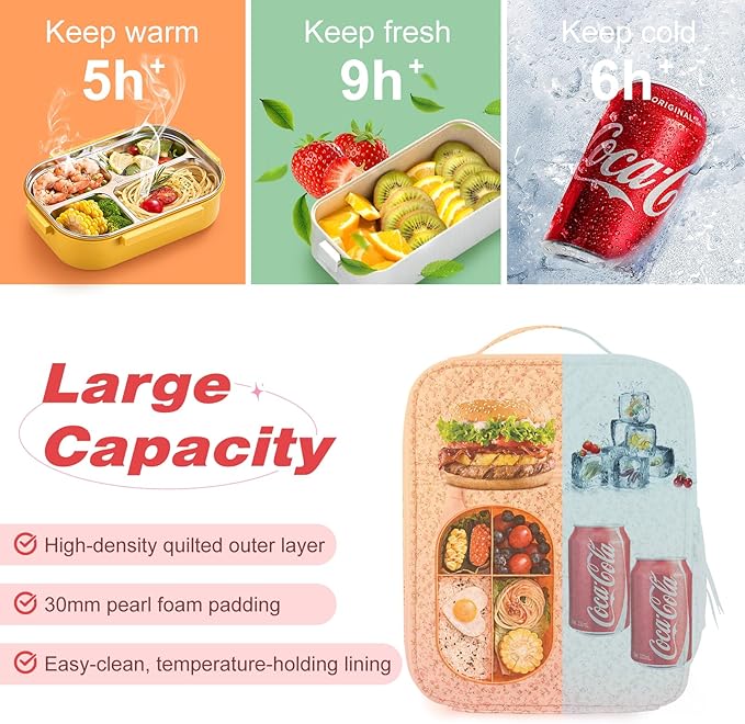 Aileam Lunch Box Lunch Bag for Women Cute Girls Insulated Womens Lunch Bag For Work Quilted Large Capacity Reusable Insulated Cooler for Work School Picnic Travel Pink Little Floral
