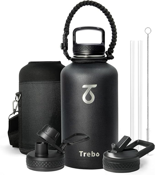 Trebo 64oz Water Bottle Insulated,Large Stainless Steel Water Jug with 3 Lids, Triple Wall Vacuum Sports Thermo bottle Keep Hot 24 Hours & Cold 48 Hours,Wide Mouth Flask,Black