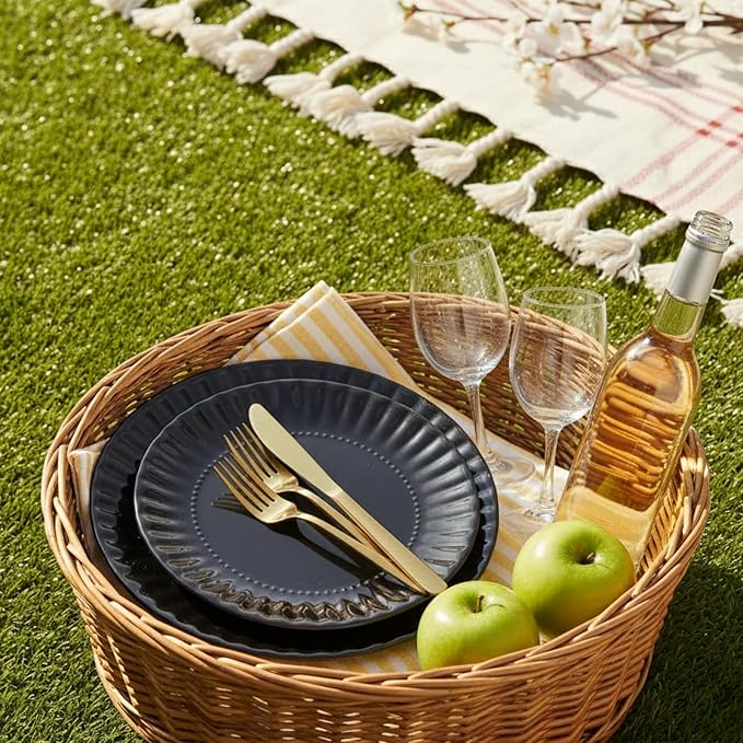 TP 8 inch Plates Set of 8, Melamine Round Plates for Salad Appetizer Dinner Lunch, Dessert Dishes for Indoors and Outdoors, Black