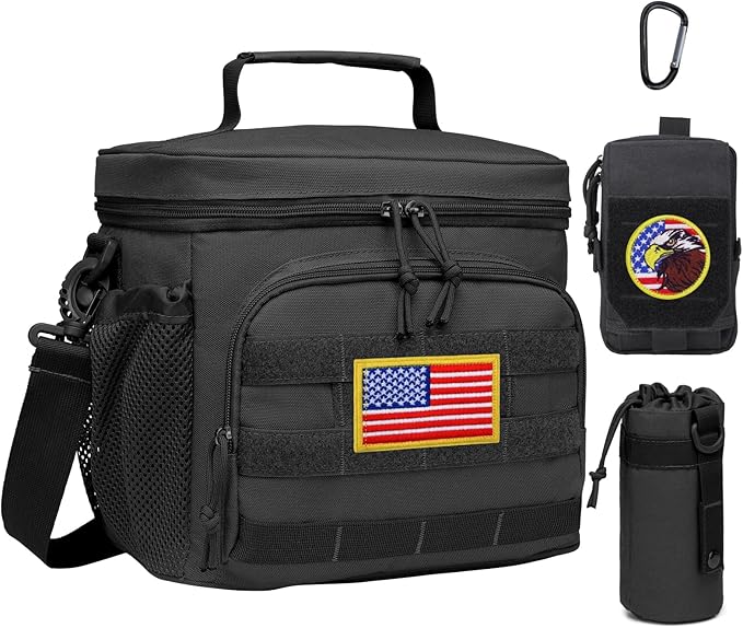 TACTICISM Tactical Lunch Box for Men, 12L Molle Lunch Bag with Detachable Water Bottle Pouch and Molle Pouch, Black