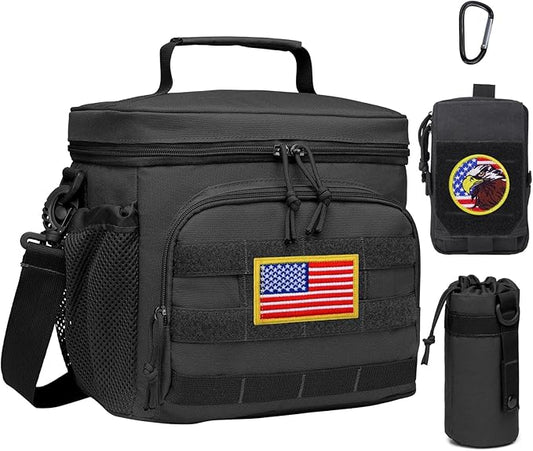 TACTICISM Tactical Lunch Box for Men, 12L Molle Lunch Bag with Detachable Water Bottle Pouch and Molle Pouch, Black