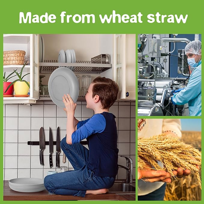 Teivio 32-Piece Kitchen Plastic Wheat Straw Dinnerware Set, Service for 8, Dinner Plates, Dessert Plate, Cereal Bowls, Cups, Unbreakable Colorful Plastic Outdoor Camping Dishes, Light Gray