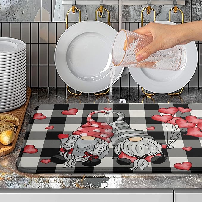 Valentine Gnome Hearts Dish Drying Mat Valentines Gnomes Dishes Dryer Mats for Kitchen Countertop 18x24 Inches Under Coffee Maker Drainer Matt Microfiber Large