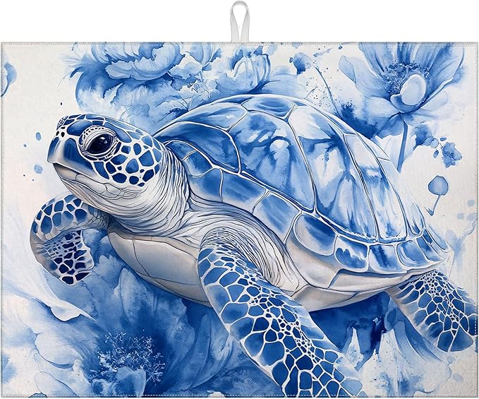 Watercolor Turtle Floral Dish Drying Mat for Kitchen Counter Drying Pad Absorbent Reversible Dish Drainer Rack Mats Draining Pad 18"x24"Inch