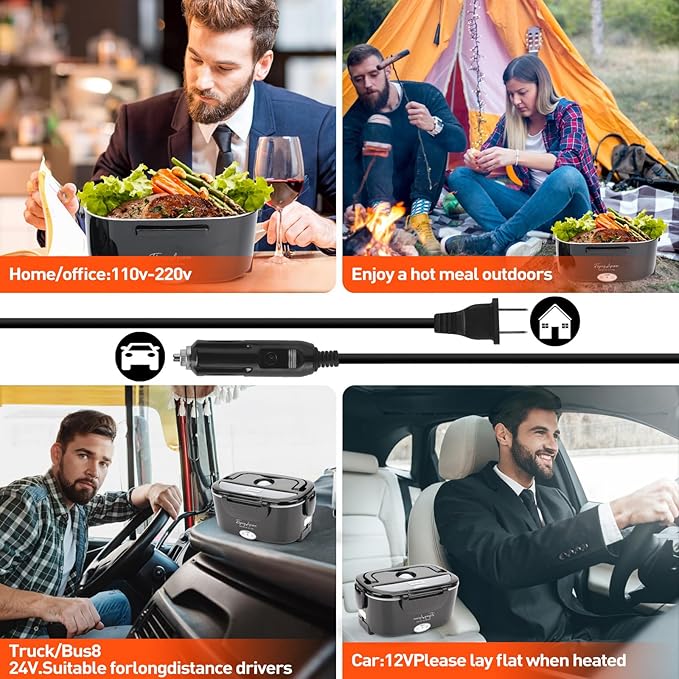 APSARAS USA Electric Lunch Box for Adults, 3 in1 Portable Leakproof Heated Lunch Box for Car/Truck/Men with 1.5L Removable 304SS Container, 60-80W, 12V/24V/110V With SS Fork Spoon&Carry Bag
