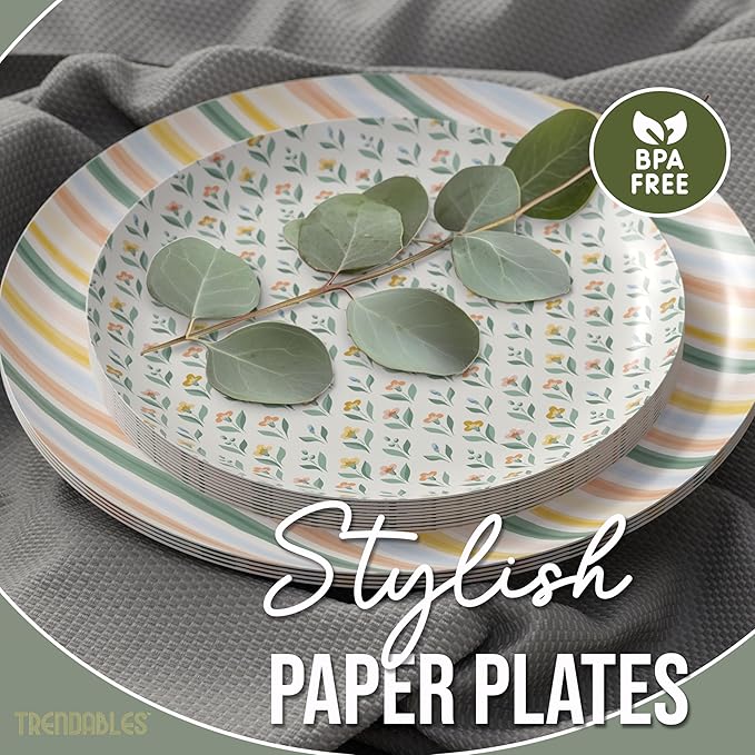 Trendables Heavy Duty Paper Plates Set For 16 Guests - 16 Each Of 8-inch And 10-inch Disposable Plates For Party - Fancy 32 Piece Dinnerware Set For All Occasions | Floral Design, Folk