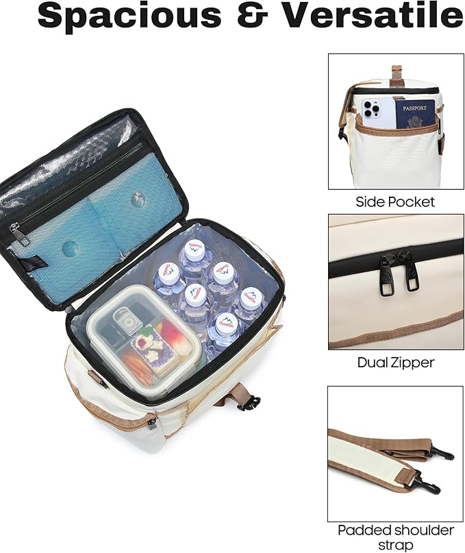 SUNNY BIRD Large Lunch Bag, Thermally Insulated Soft Cooler with Shoulder Strap for Women, Men (Classic Ivory)