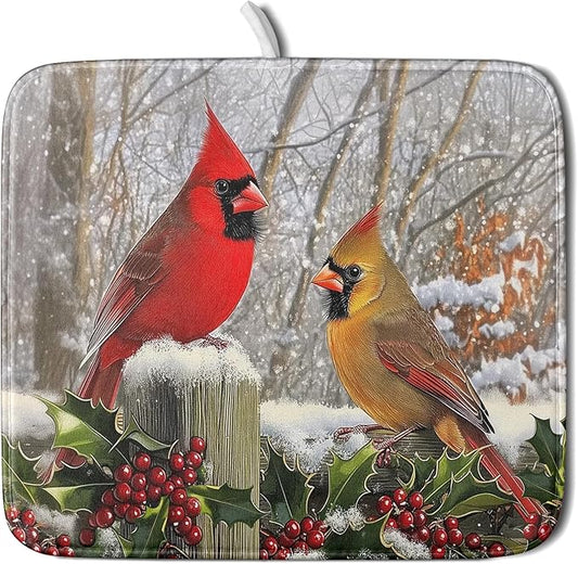 Winter Birds Dish Drying Mat Red Berry Dish Drainer Rack Mat Microfiber Absorbent Dish Drying Pad for Kitchen Counter Coffee Bar 16x18 Inch