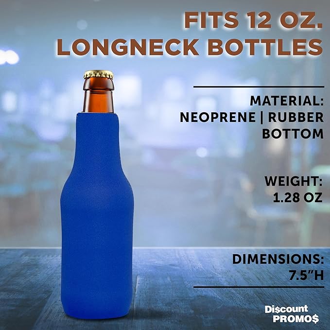 10 Neoprene Zippered Beer Bottle Coolies Pack - Sharkskin Rubber Bottom - Royal Blue