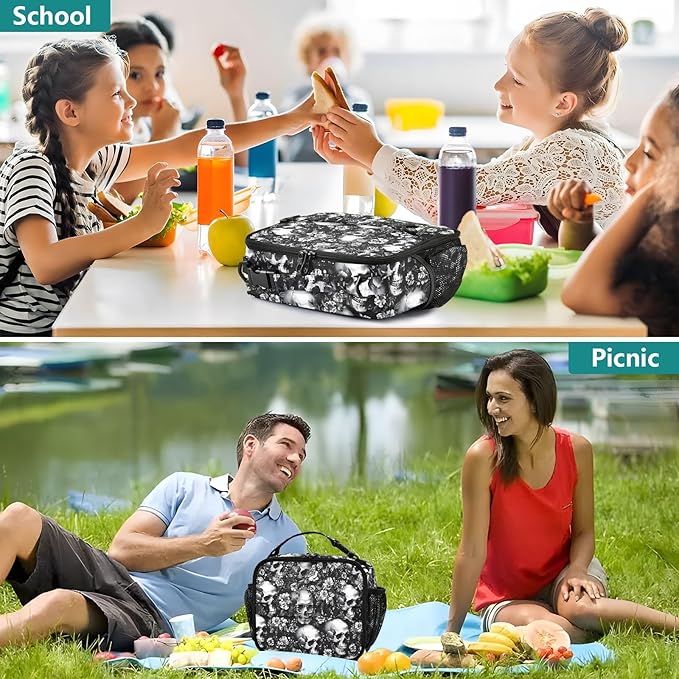 Skull Lunch Bag for Women Men Insulated Reusable Lunch Box with Adjustable Shoulder Strap Cooler Tote Bag for School Outdoor Picnic