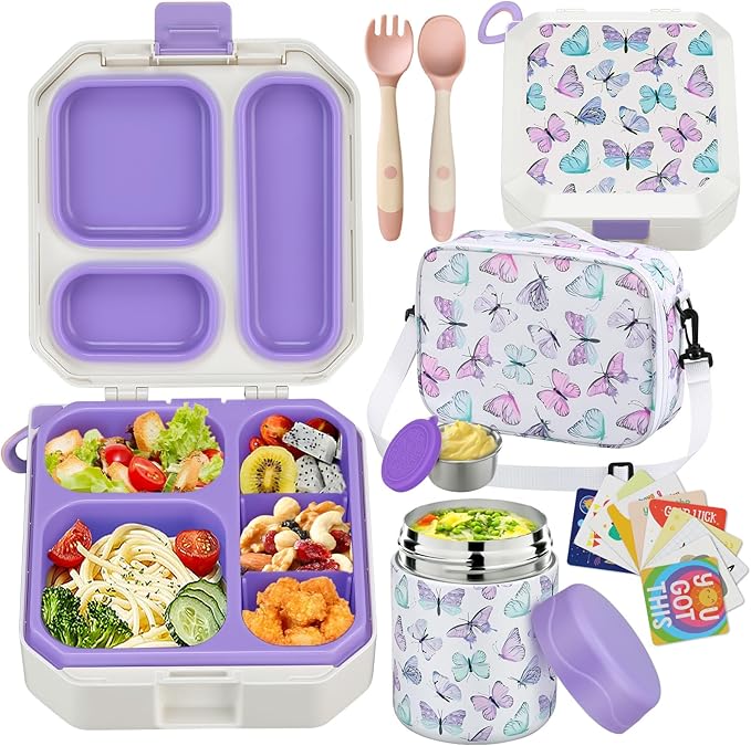 Bento Lunch Box for Kids with 12oz Soup Thermo Leak-Proof Lunch Food Container with 5 Compartment Thermo Hot Food Jar and Insulated Lunch Bag for Kid Toddler Girls Boys to School