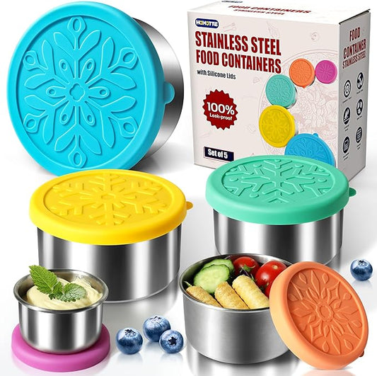 304 Stainless Steel Containers with Lids Small for Lunch, Leak-Proof Stainless Steel Food Storage Containers for Back to School Kids, 5 Pack Stackable (2oz, 4oz, 8oz, 14oz, 24oz)