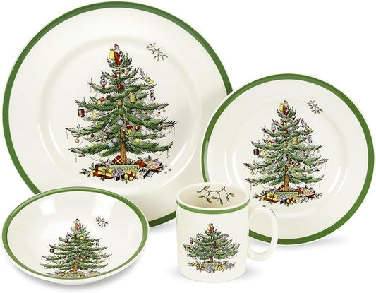 Spode Christmas Tree 4-Piece Dinnerware Setting - Fine Earthenware Holiday Tableware - Dishwasher & Microwave Safe, Festive Christmas Plates, Bowls, Mug - Holiday Dining Essentials