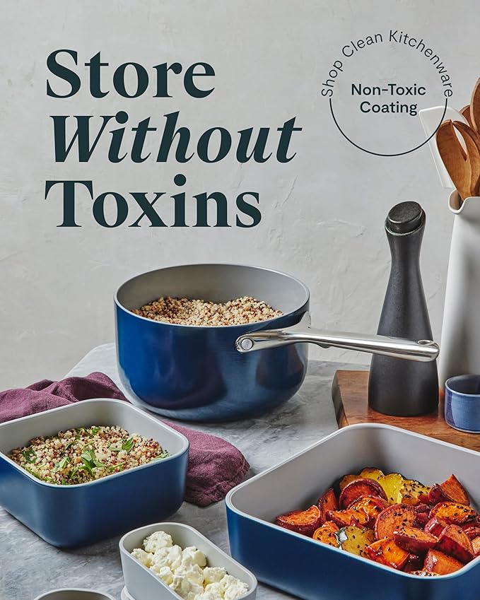 Caraway 6pc Glass Food Storage Set – 10 Cup Food Containers (6) - Ceramic Coated - Non Toxic, Non Stick with Lids - Microwave Safe - Gray