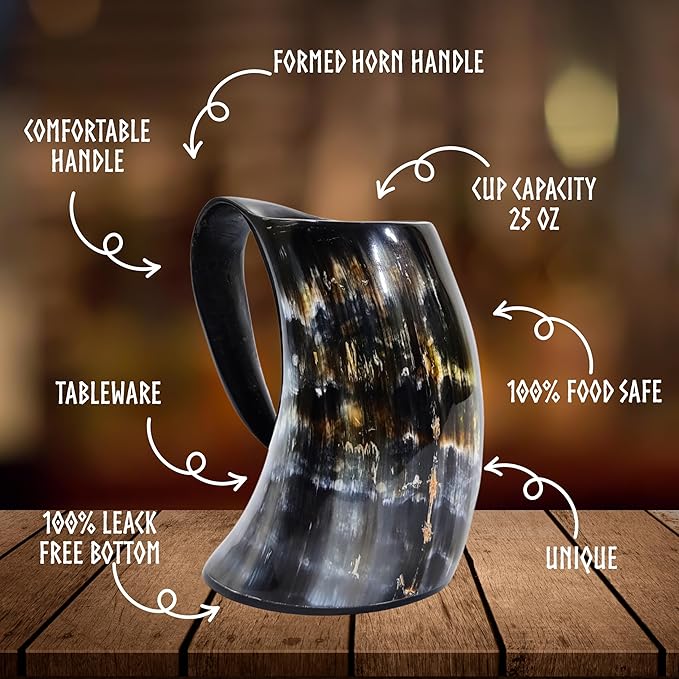 Viking Craft's Horn Mug - Beer Mug | Handmade Drinking Horn for Norse Myth Fans | Unique Gifts for Men & Women| Rustic Viking Drinking Cups for Mead, Ale, Beer| Tankard Gift, Made From Ox - 25oz