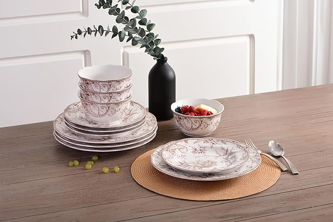 222 Fifth Adelaide Brown on White 12-Piece Dinnerware Set – Service for 4, Plate & Bowl Set,Durable Porcelain, Dishwasher Safe, for Everyday Dining & Entertainment