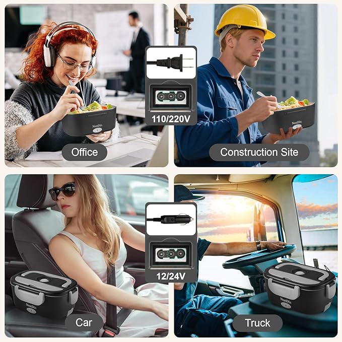 80W Heated Lunch Box for Men, 1.5L Portable Electric Lunchbox with Dual Containers and Lids, Food Warmer Lunch Box with Utensils and Insulated Bag for Work Car Truck Office