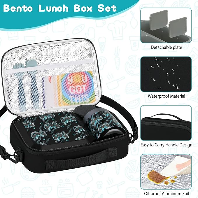 Bento Lunch Box for Kids with 12oz Soup Thermo Leak-Proof Lunch Food Container with 5 Compartment Thermo Hot Food Jar and Insulated Lunch Bag for Kid Toddler Girls Boys to School